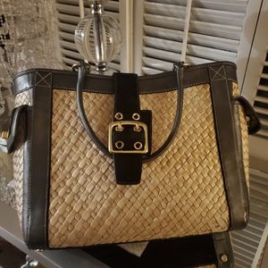 BEAUTIFULLY  UNIQUE, Coach Brown Leather Trim Straw Handbag Gold Buckle